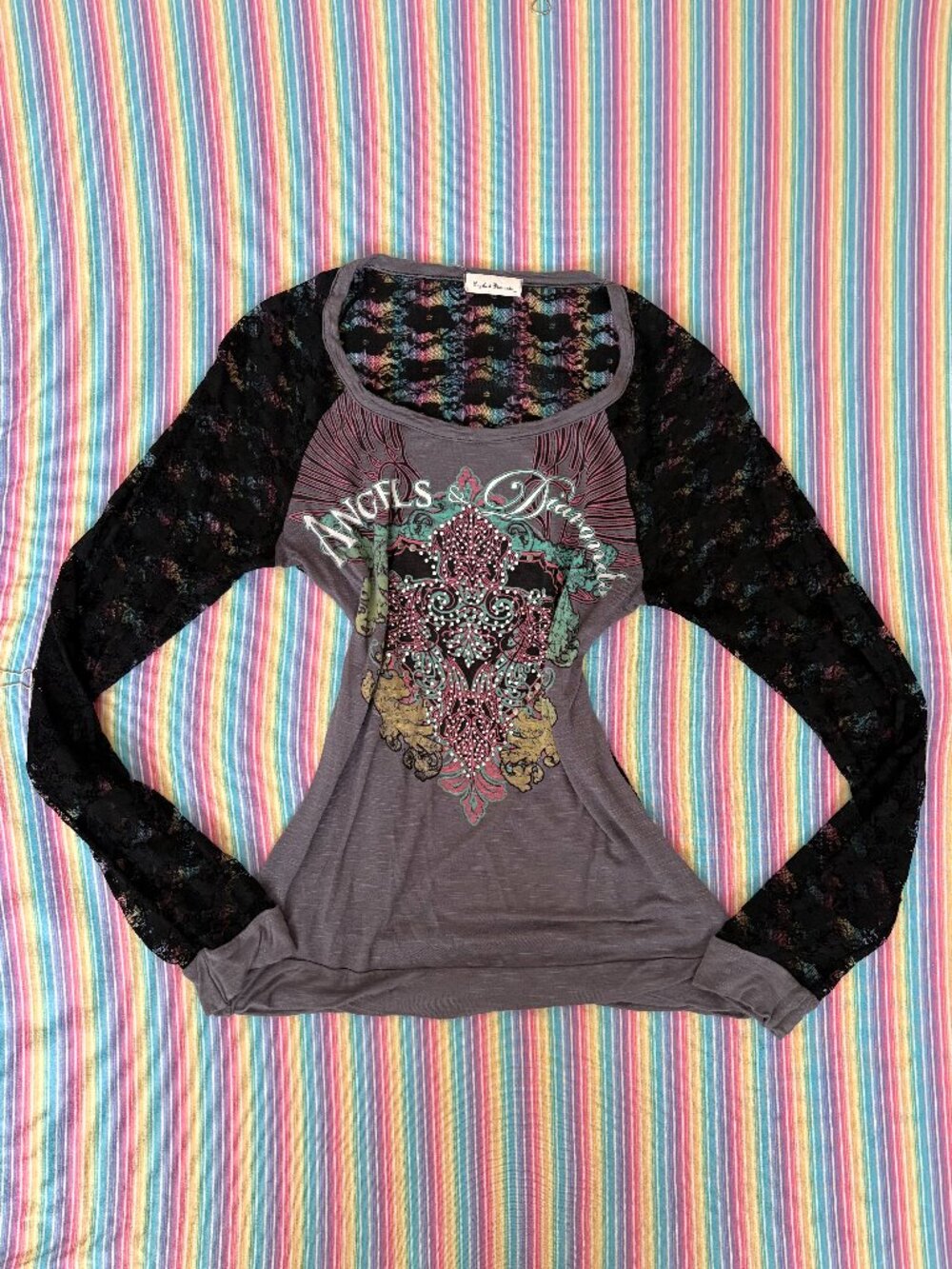 Angels & Diamonds Y2K Rhinestone Detailed Cross Top Sheer Black Lace Long Sleeve